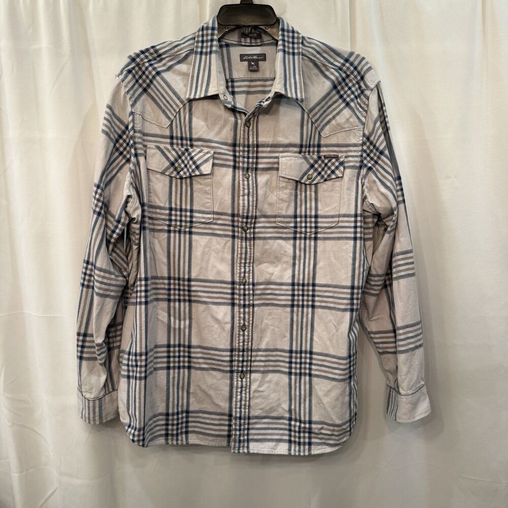 Vintage Eddie Bauer Pearl Snap Flannel Shirt Men's Plaid 2XL Tall Gray